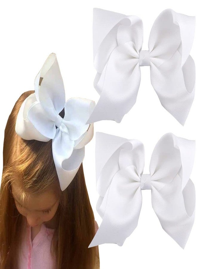 SALOCY 2 PCS 8 Inch Boutique Hair Bows Clips for Girls Toddler, Grosgrain Ribbon Big Large Bows Alligator Clips Kids Hair Accessories (White, Set-1) - Image 1